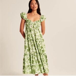 Abercrombie & Fitch Green Ruffle Sleeve Poplin Floral Midi Maxi Dress